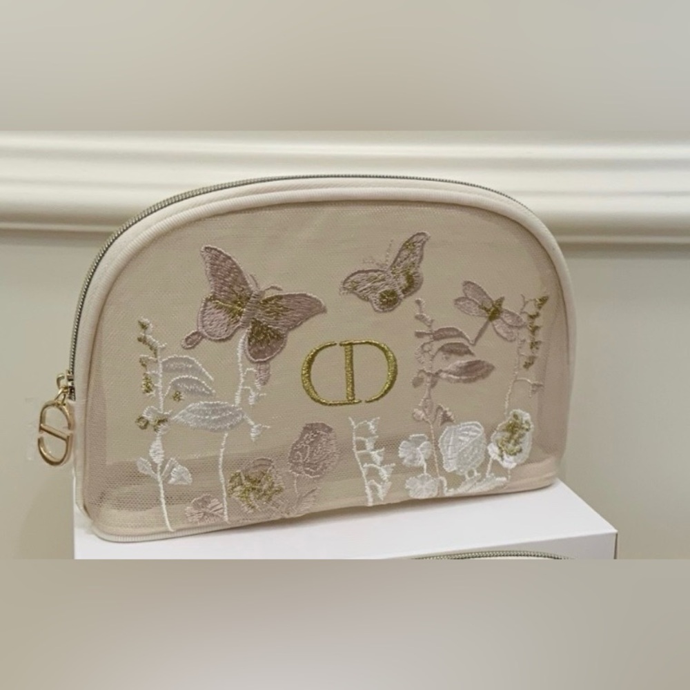 Dior Beige and Pink Embroidered Cosmetic Bag Set